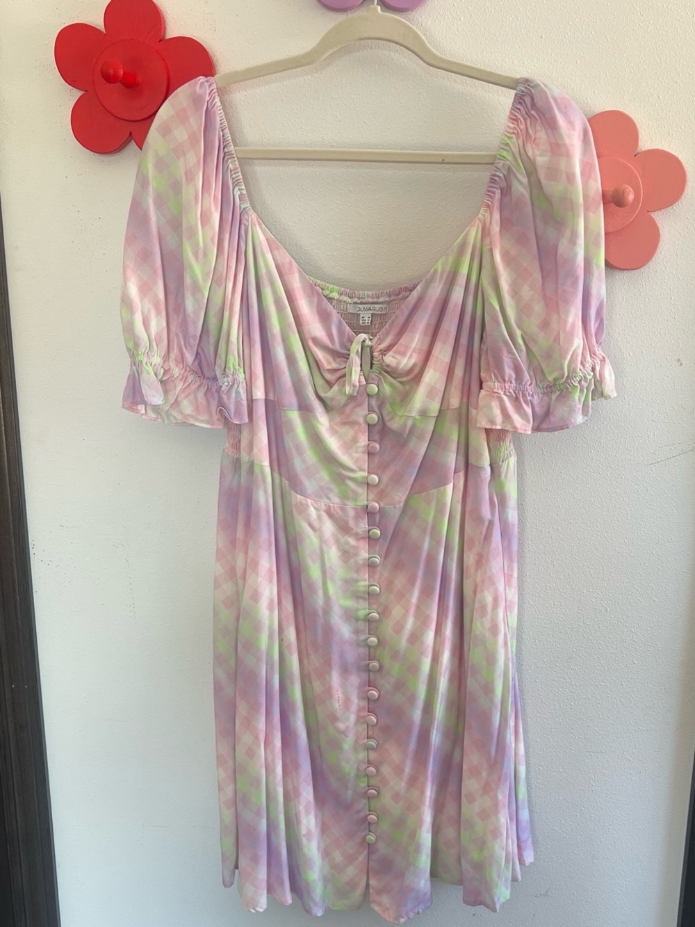 OLIVIA RUBIN Pastel Pink Lavender Mint Plaid Button-Front Mini Dress